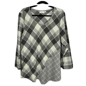 Habitat Lagenlook Plaid Asymmetrical Tunic Top Large Gray White